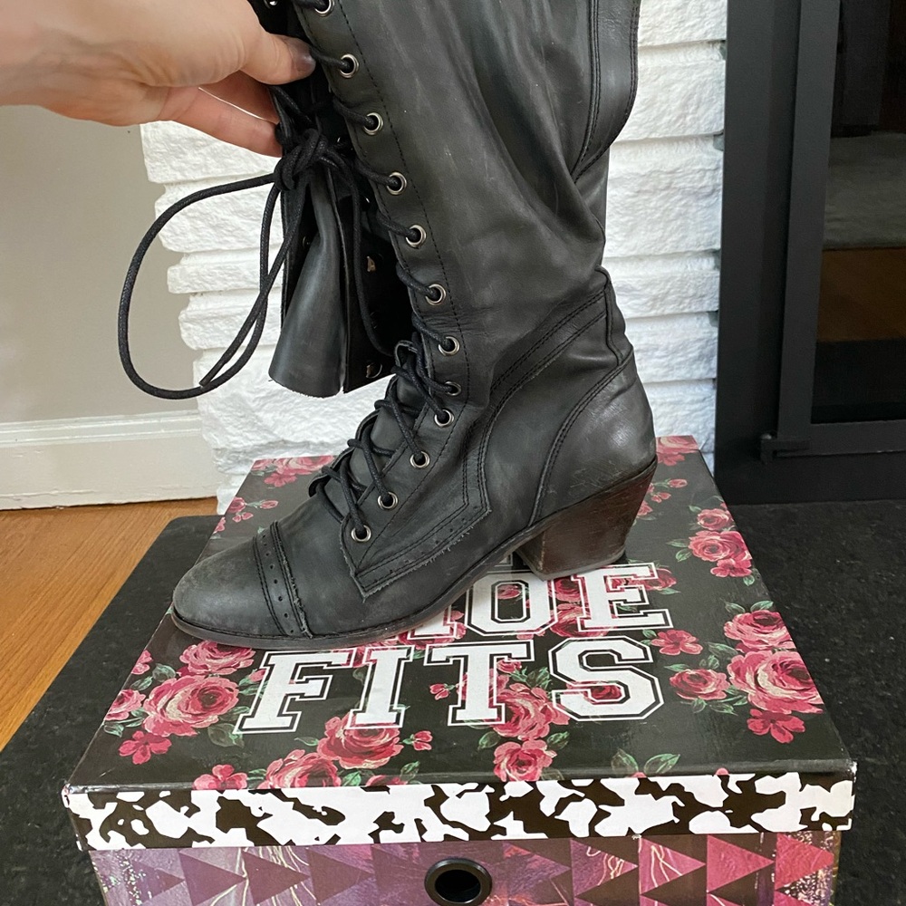 Jeffrey Cambell black leather knee high boots size 9
